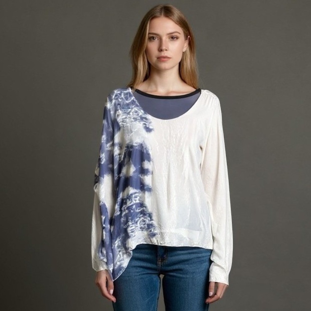 M Made in Italy Silk Blend Tie Dye Layered Poncho Top Blue White Small
